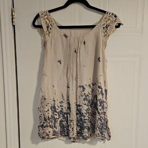 100% Silk Boho Peasant Blouse Womens Size Large off white crochet detail elegant